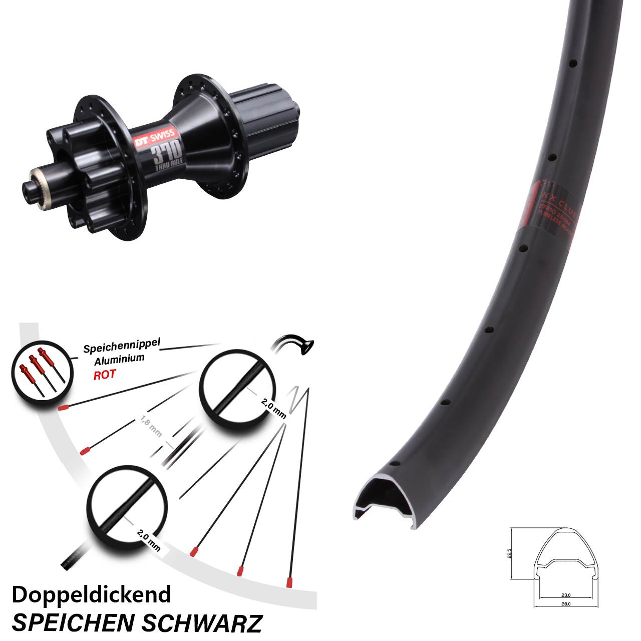 6-Loch Hinterrad 28 Zoll KX Clue DT Swiss 370 Hybrid 8-11 fach HG für Schnellspanner