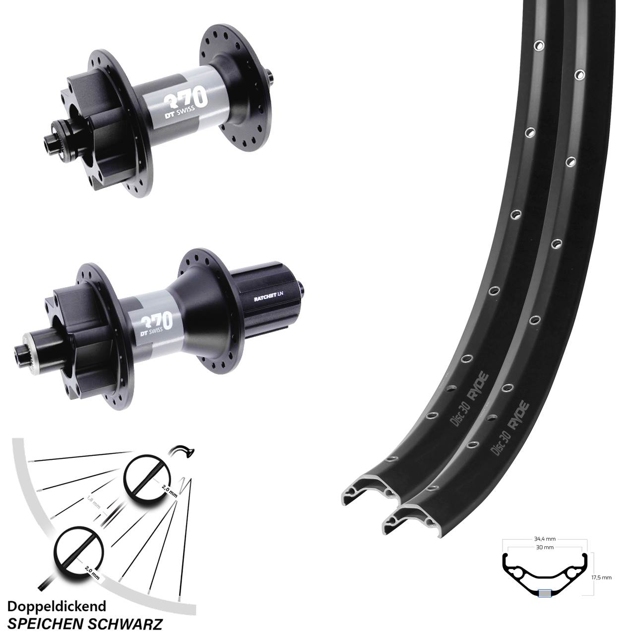 Ryde Disc 30 DT Swiss 370 27,5 Zoll 6-Loch Laufradsatz für Schnellspanner 8-11 fach HG