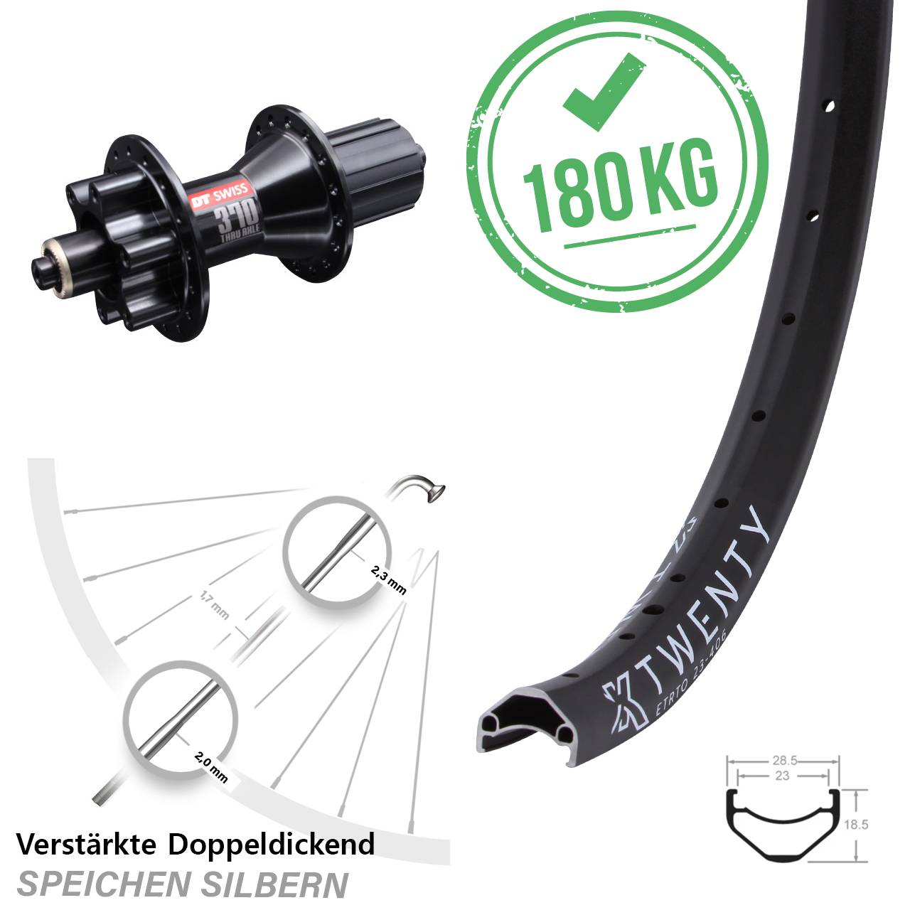 6-Loch Hinterrad 20 Zoll KX Twenty DT Swiss 370 8-11 fach HG für Schnellspanner