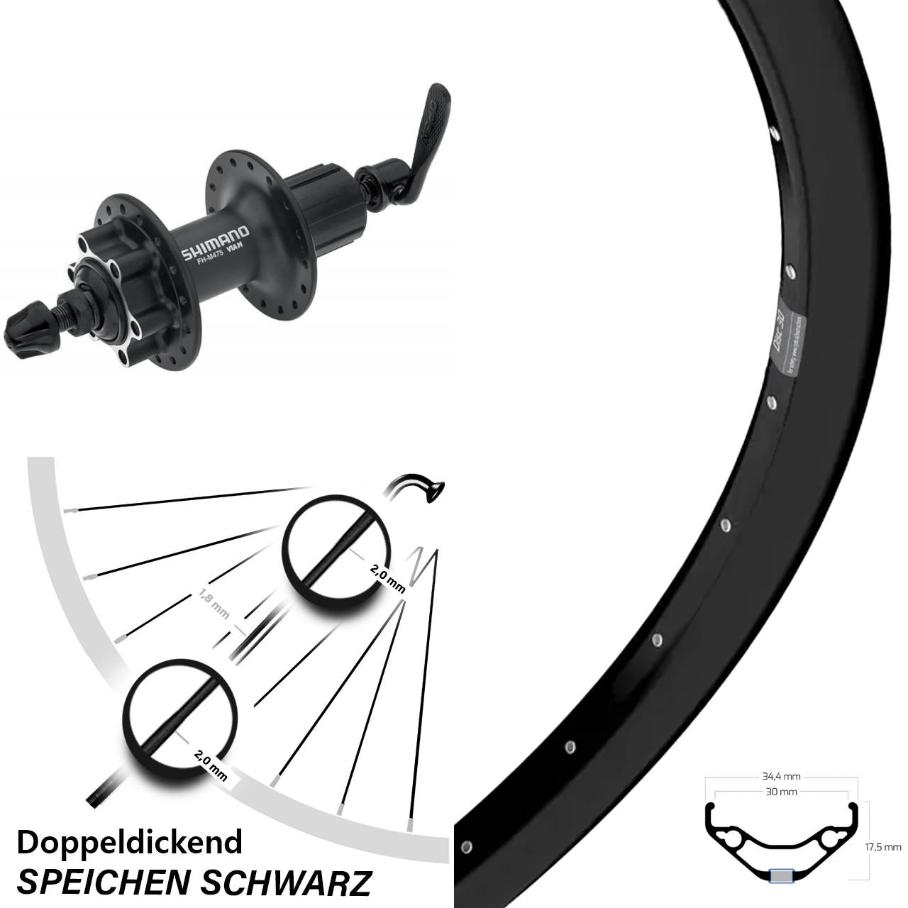 Disc Hinterrad 27,5 Zoll Ryde Disc 30 Shimano FH-M475 8-11 fach HG für Schnellspanner