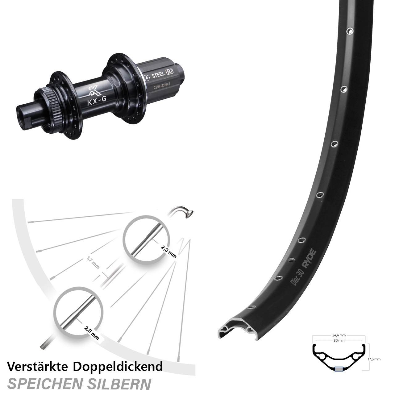29 Zoll Ryde Disc 30 KX-GS verstärkt Hinterrad 12x142 8-12 fach HG
