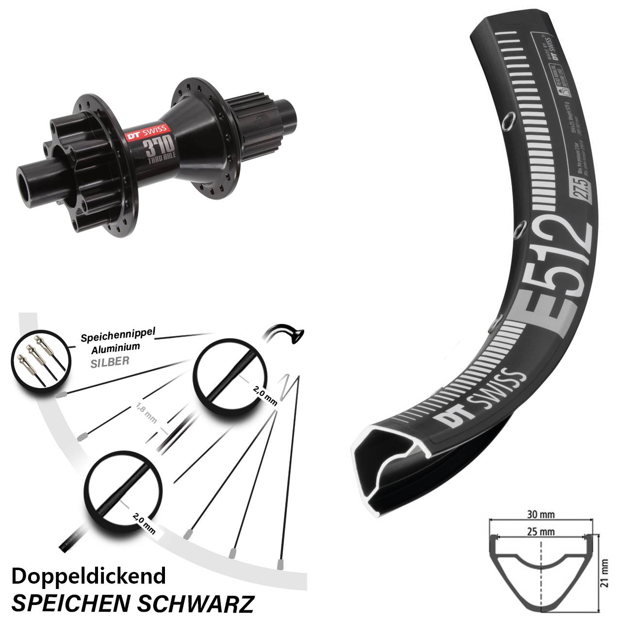 6-Loch Hinterrad 29 Zoll DT Swiss E 512-370 Hybrid Micro Spline 12x142