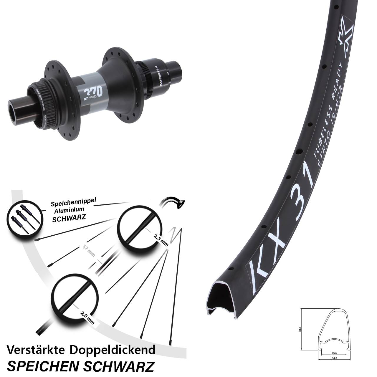 KX 31 Offset DT Swiss 370 28 Zoll Hinterrad Centerlock 12x142 SRAM XDR