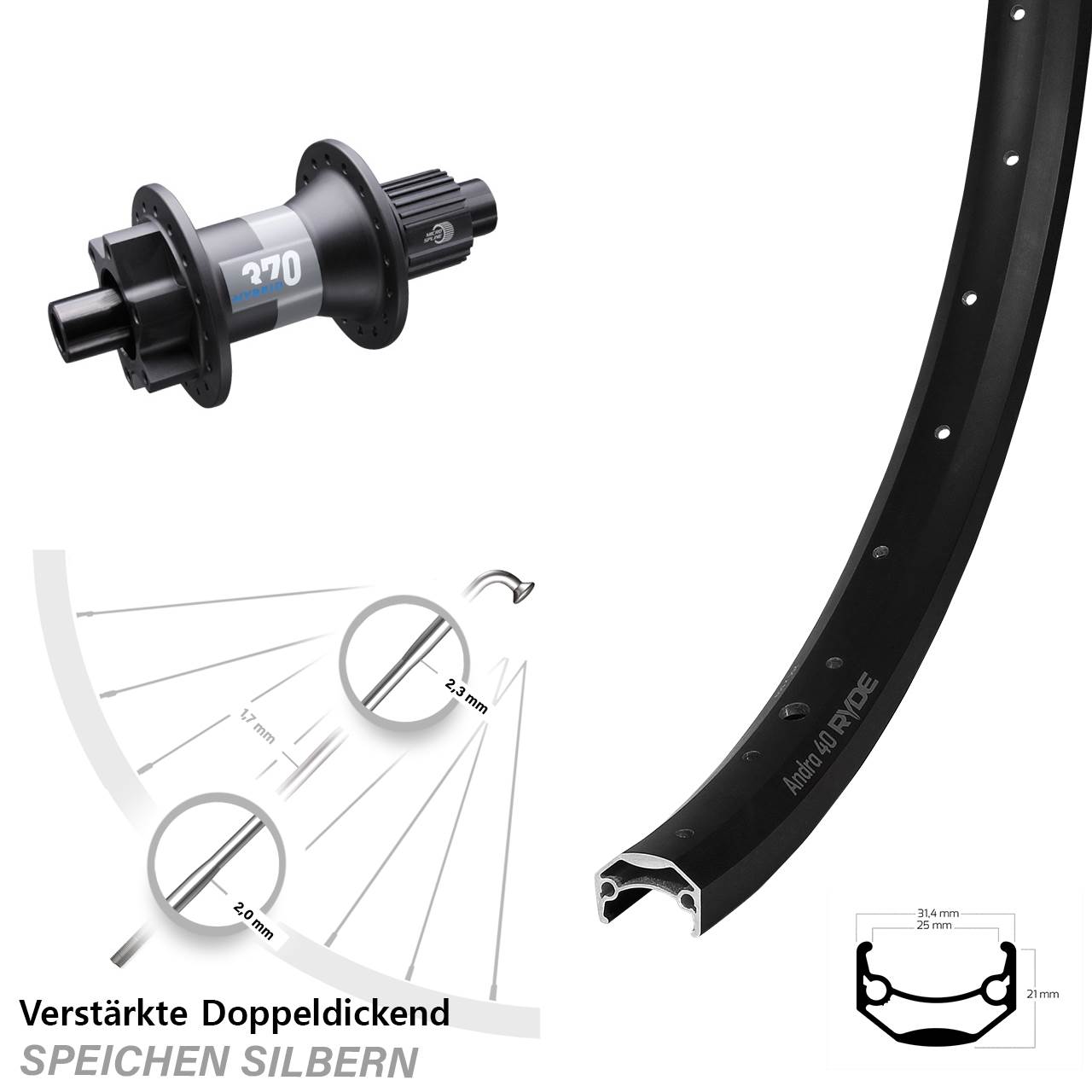 Ryde Andra 40 DT Swiss Hybrid 370 20 Zoll Disc Laufrad 12x148 Micro Spline