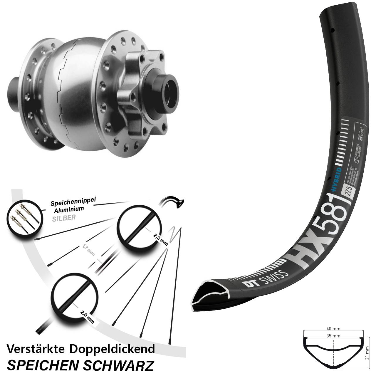 6-Loch Dynamo-Vorderrad 27,5 Zoll DT Swiss HX581 SON 28 15x100