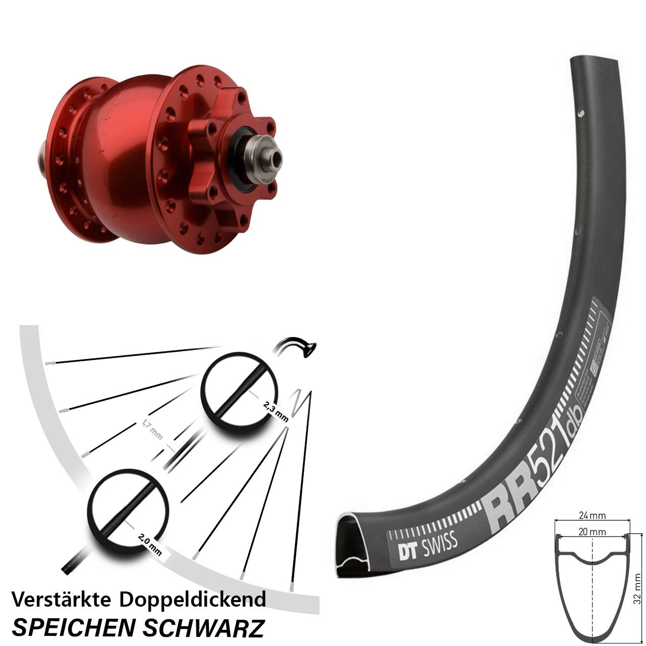 6-Loch Dynamo-Vorderrad DT Swiss RR 521 SON 28 Zoll rot QR