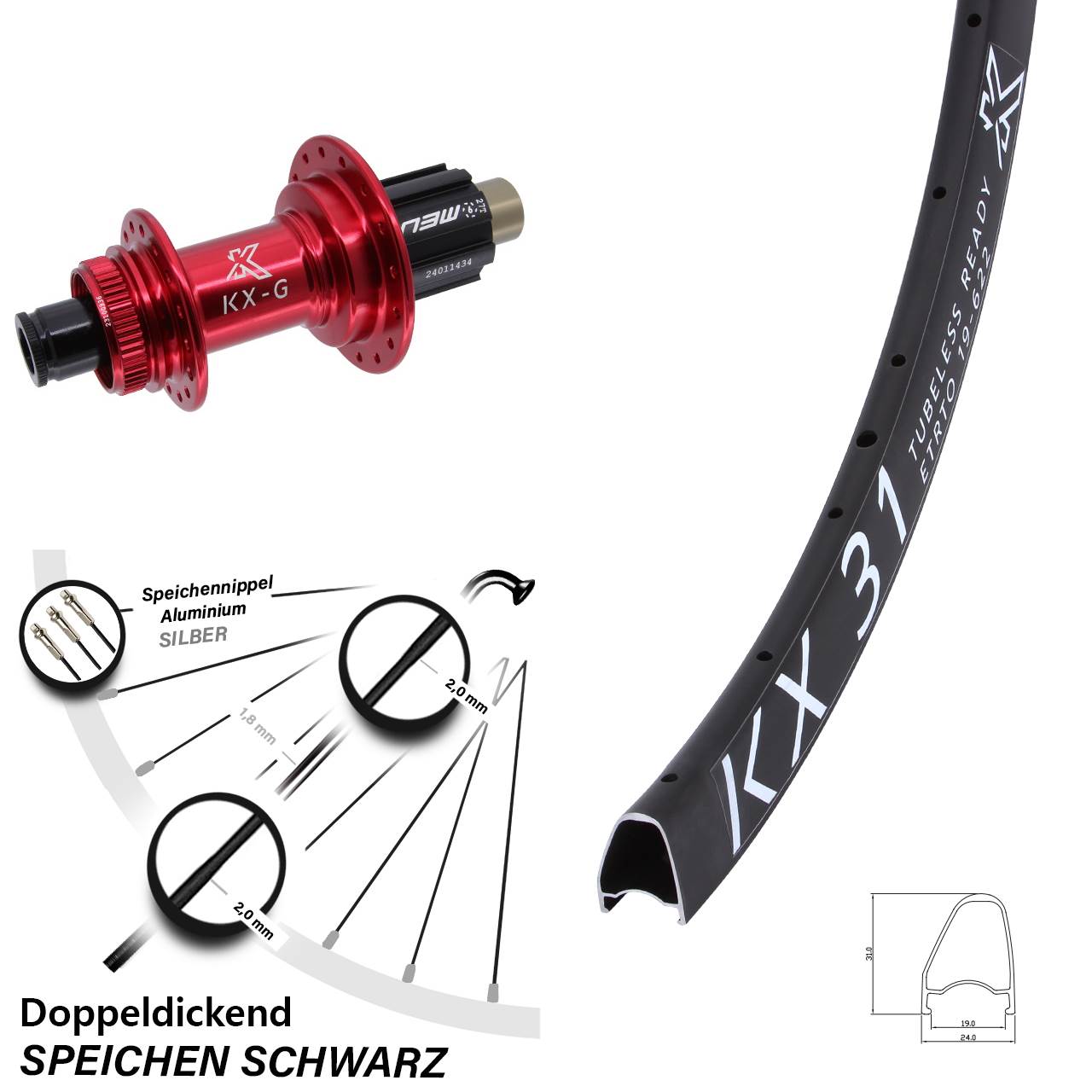 28 Zoll 31 Hinterrad KX-G rot N3W 12x142