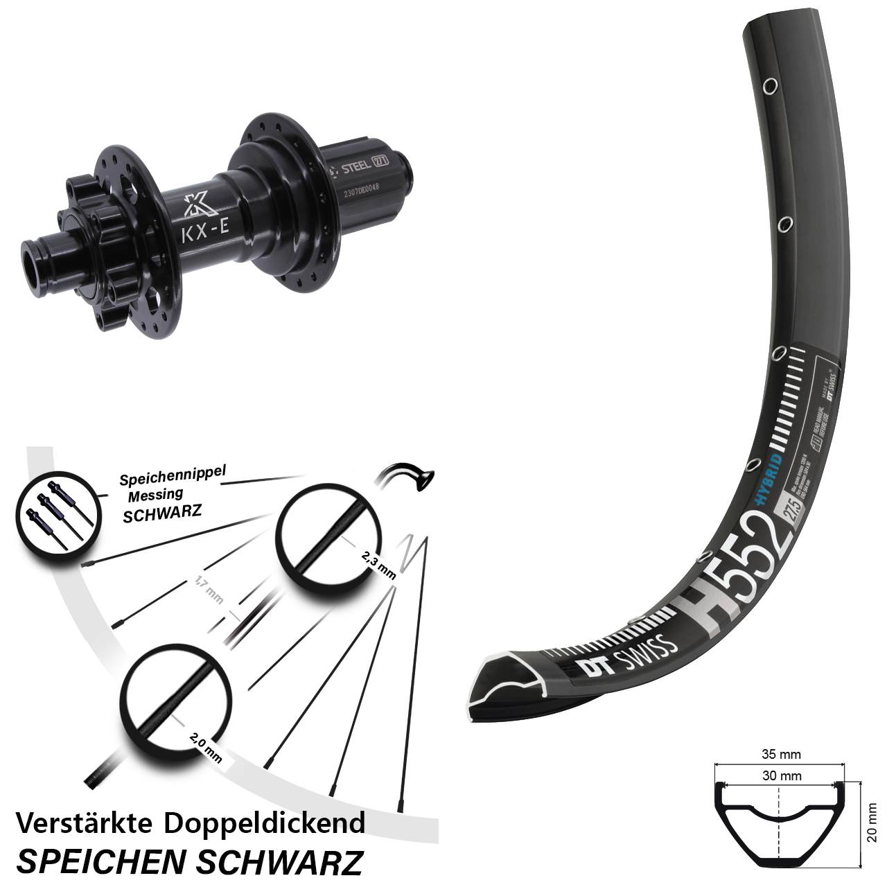 DT Swiss H552 KX-E Stahl Freilauf 29 Zoll Hinterrad 6-Loch 12x148 Boost 8-12 fach