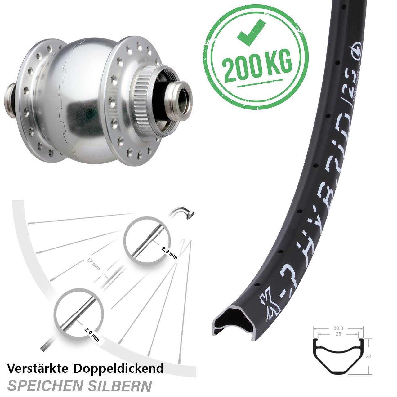 Disc Laufrad mit Nabendynamo 12x100 650B KX-R Hybrid 25 SON 28