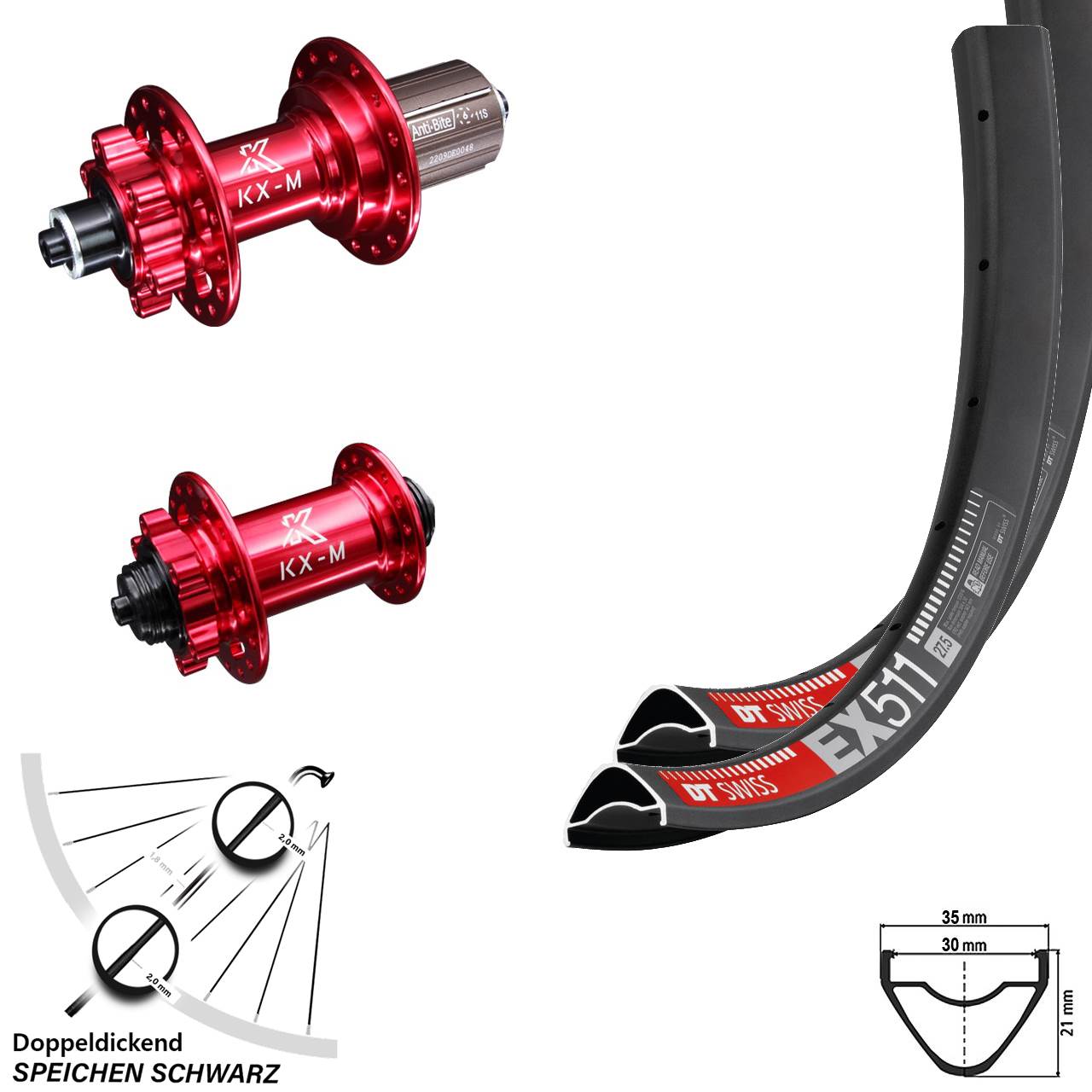 DT Swiss EX 511 KX-M rot 29 Zoll Laufradsatz 6-Loch für Schnellspanner 8-12 fach
