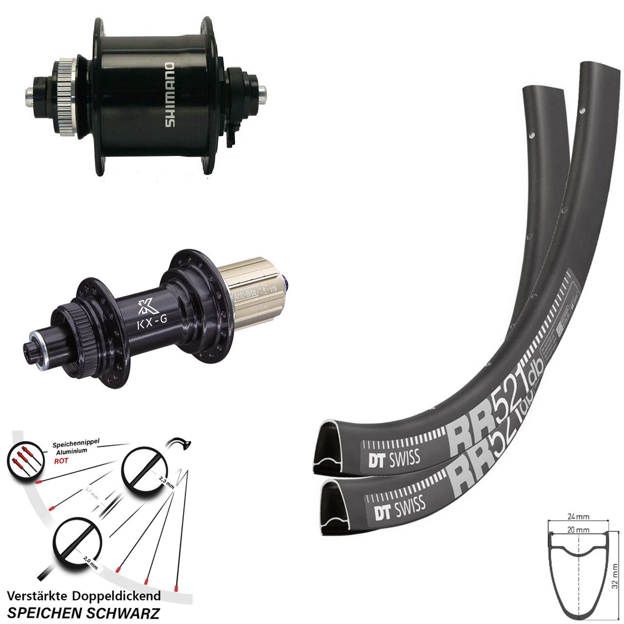 Laufrad-Satz 28 Zoll DT Swiss RR 521 KX-G Shimano DH-UR700 8-12 fach für Schnellspanner