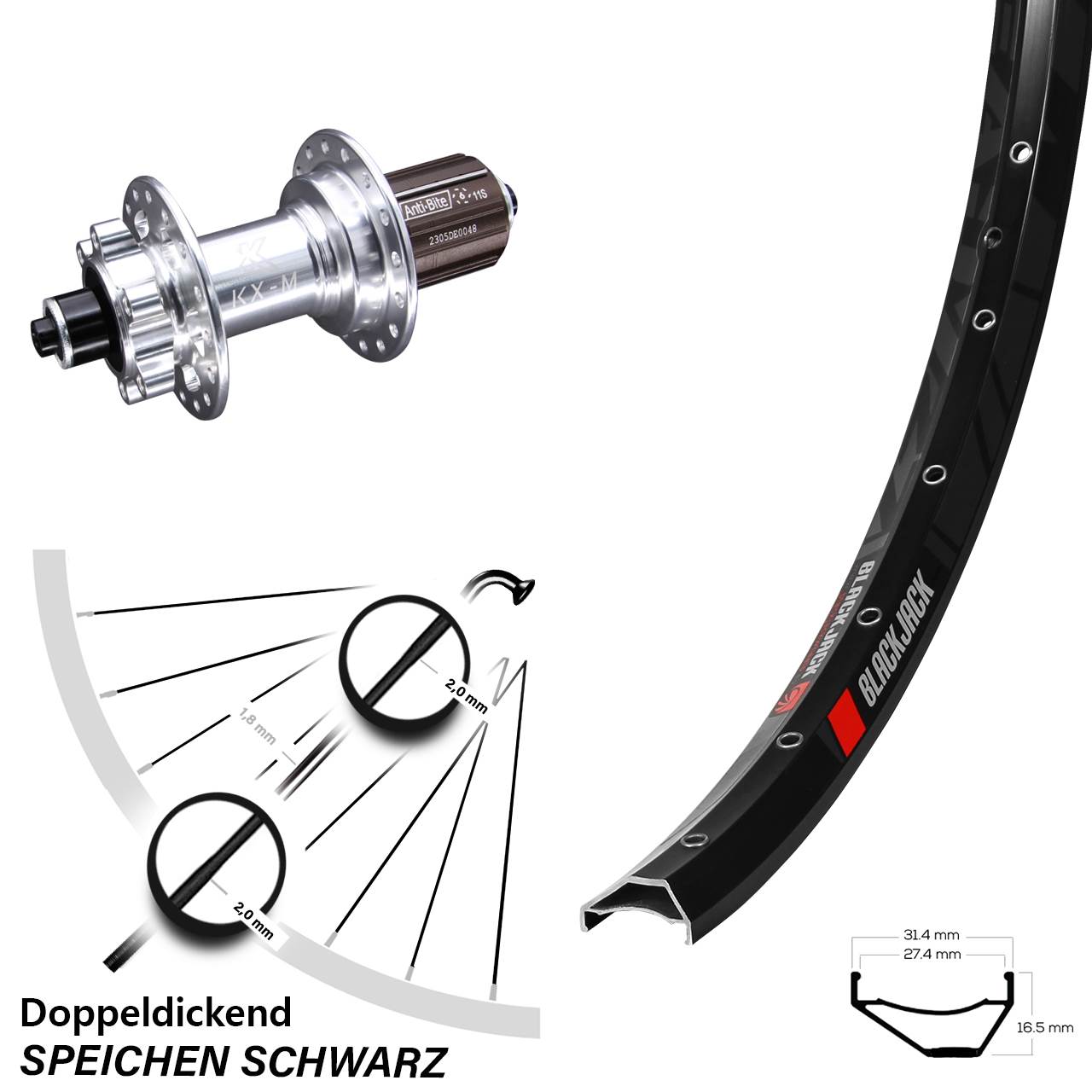 6-Loch Hinterrad 27,5 Zoll Rodi Ready 27 KX-M 8-12 fach HG für Schnellspanner