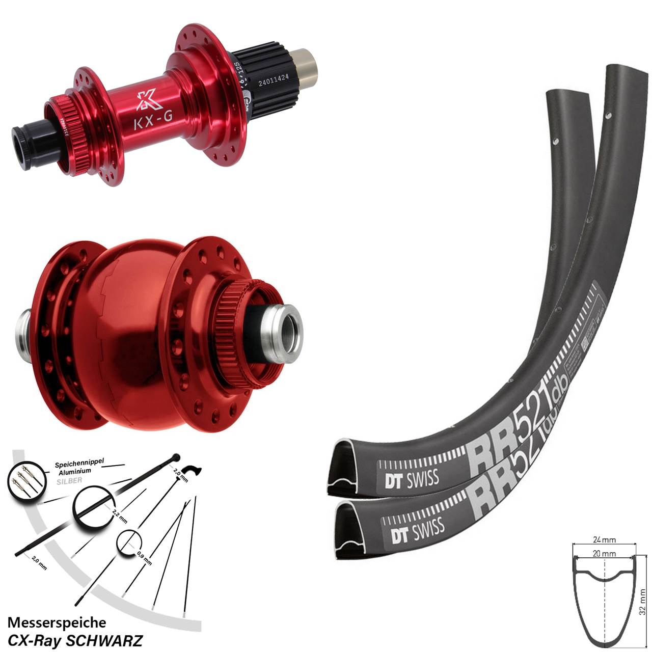 DT Swiss RR521 KX-G rot SON 28 Zoll Laufradsatz Centerlock 12x100/142 CX-Ray Shimano Micro