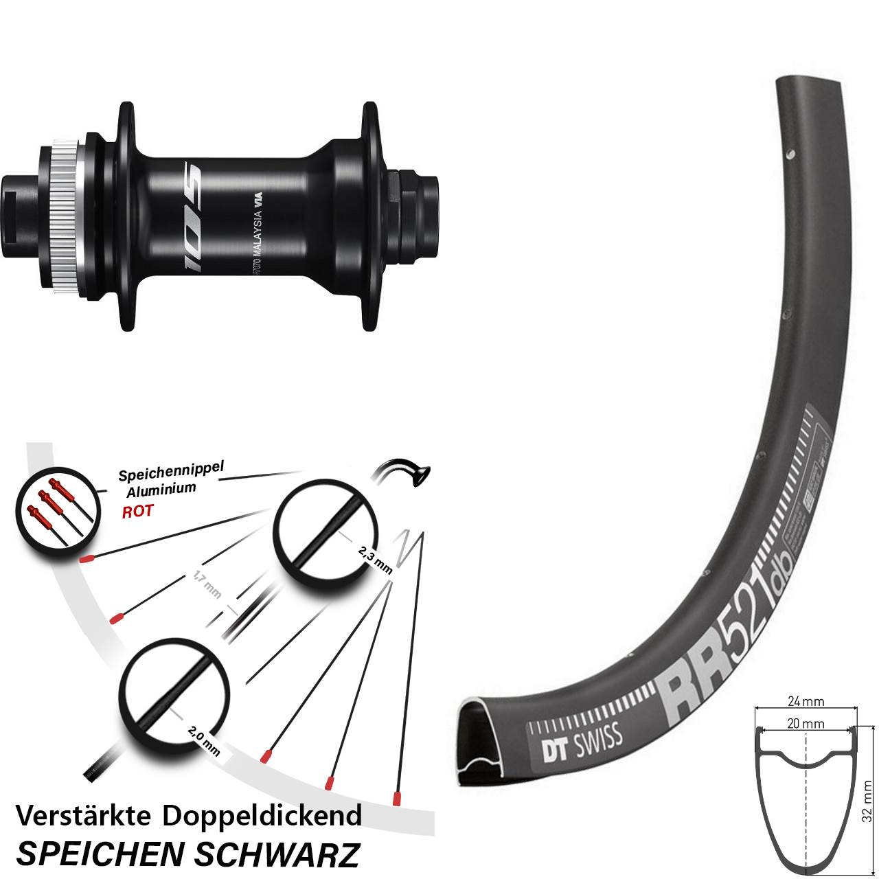 DT Swiss RR 521 DB Disc-Vorderrad 28 Zoll mit Shimano 105 HB-R7070 Nabe