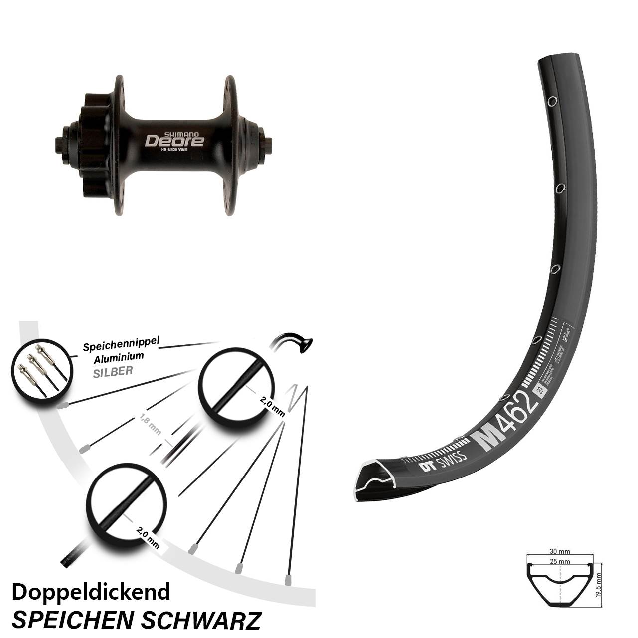 DT Swiss M 462 Shimano Deore HB-M525 27,5 Zoll Disc Laufrad für Schnellspanner