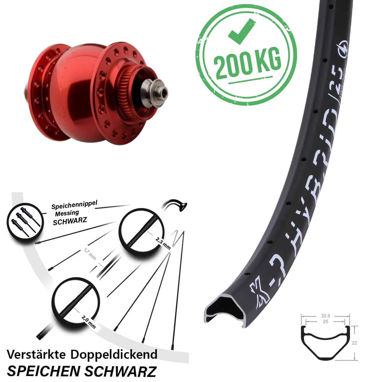 29 Zoll Nabendynamo Vorderrad KX-R Hybrid 25 SON 28 rot eloxiert Centerlock verstärkt