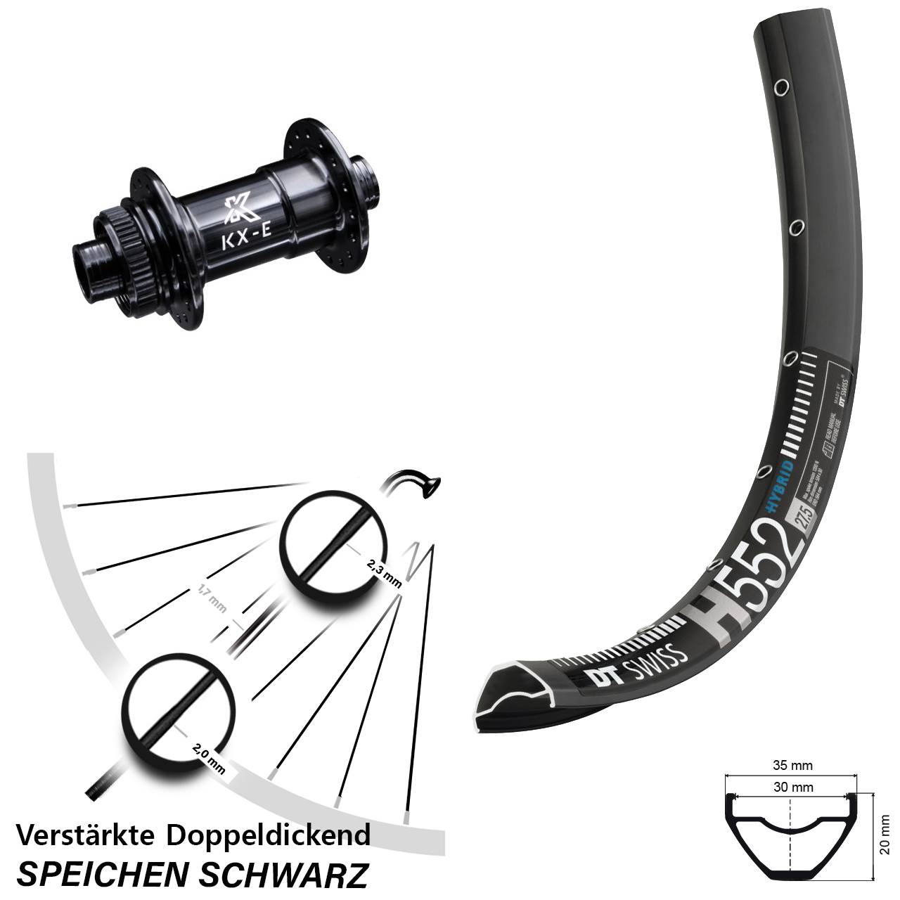 Disc Vorderrad 15x100 27,5 Zoll DT Swiss H552 KX-E 4-fach gelagert