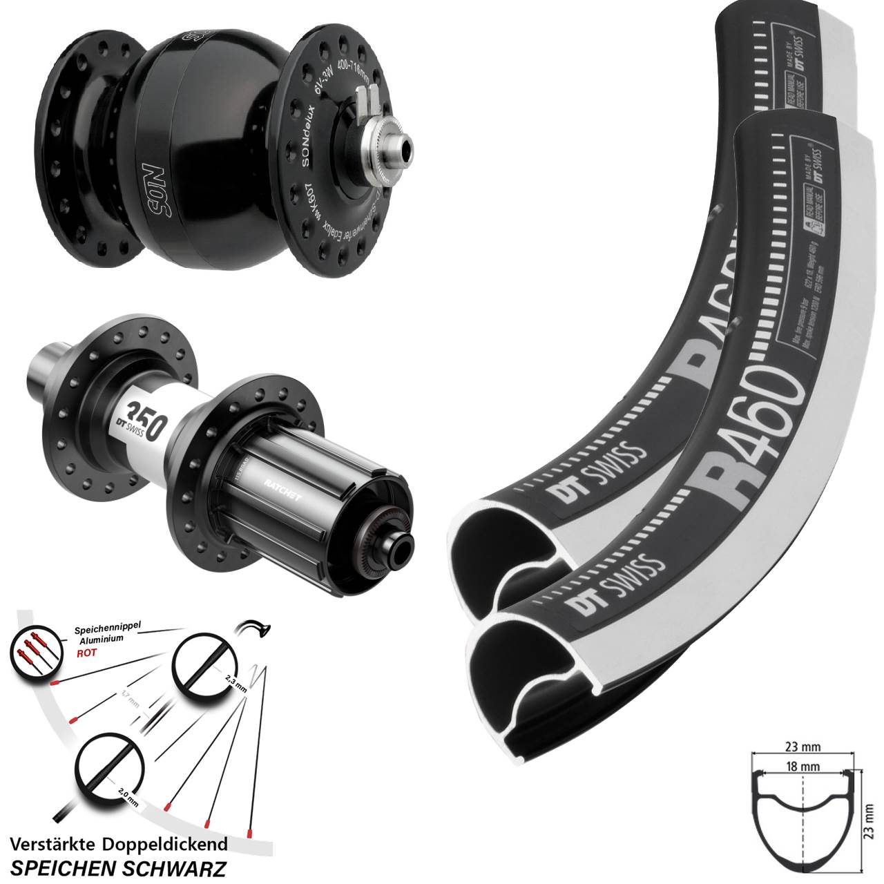 DT Swiss R460 350 SON delux wide body 28 Zoll Laufradsatz für Schnellspanner 11-12 fach HG