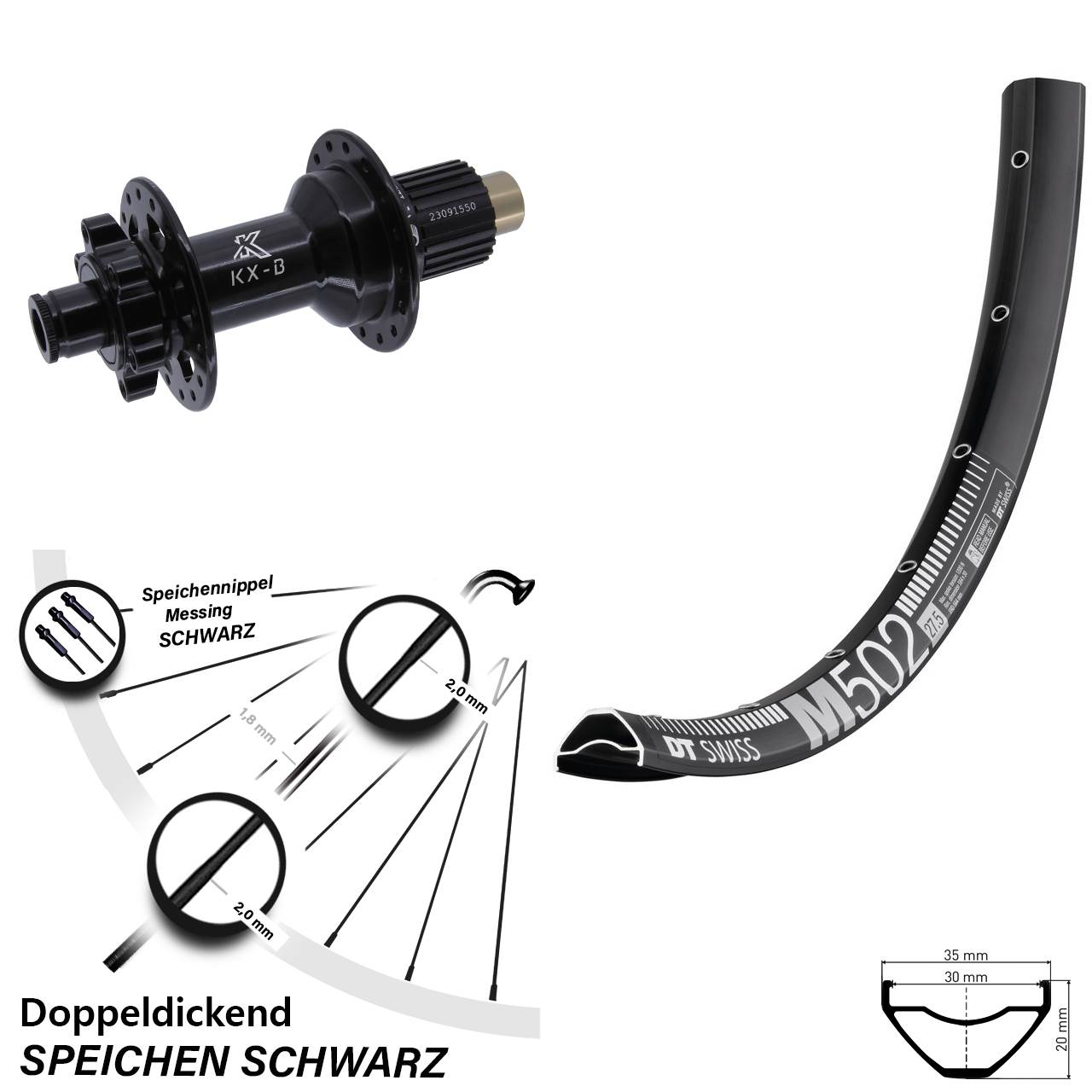 27,5 Zoll Hinterrad DT Swiss M 502 KX-B 6-Loch Micro Spline 12x148