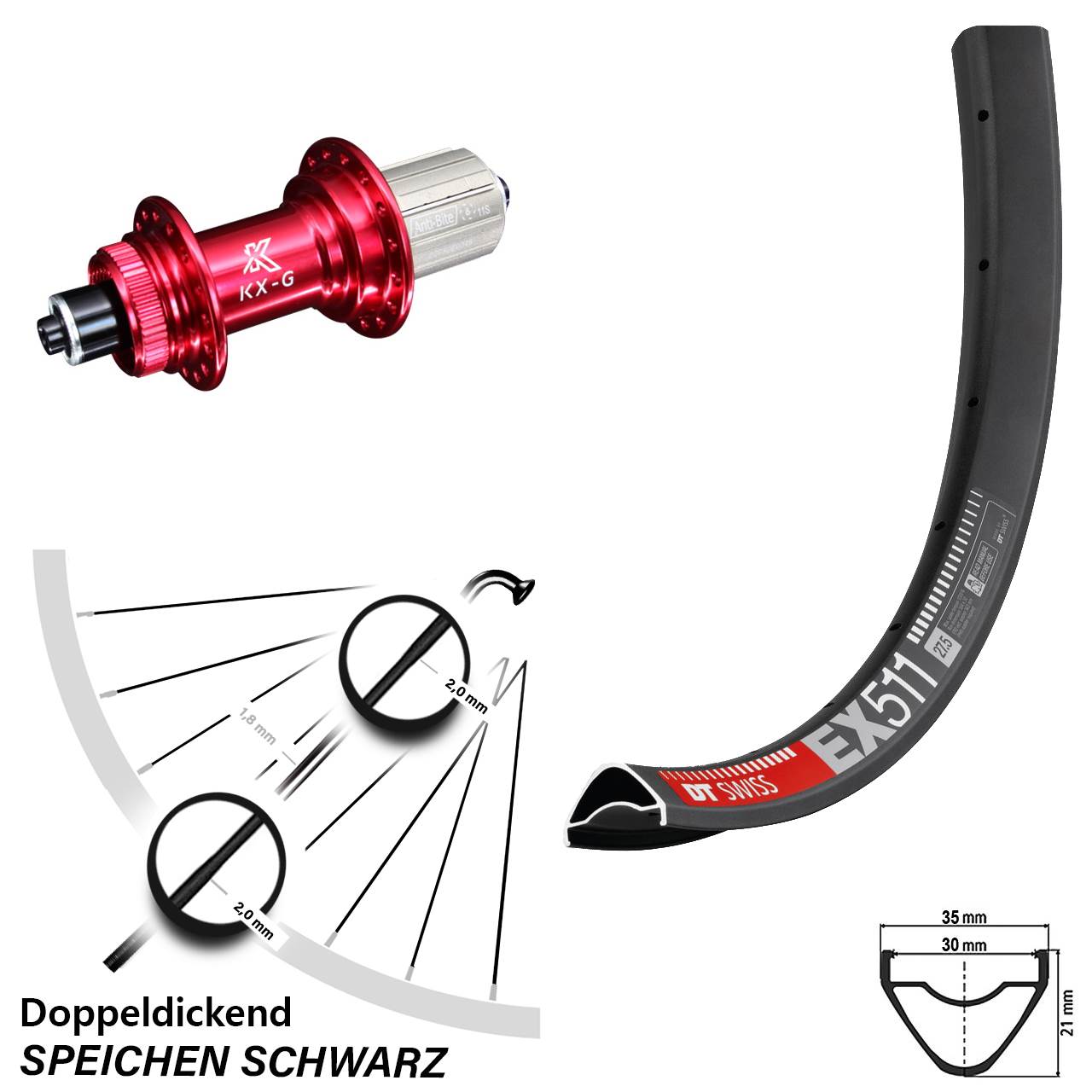 29 Zoll DT Swiss EX 511 KX-G rot Centerlock Hinterrad für Schnellspanner 8-12 fach HG