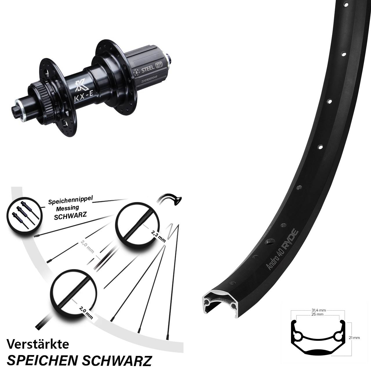 26 Zoll Hinterrad KX-E Ryde Andra 40 5x135 mm 8-12 fach centerlock