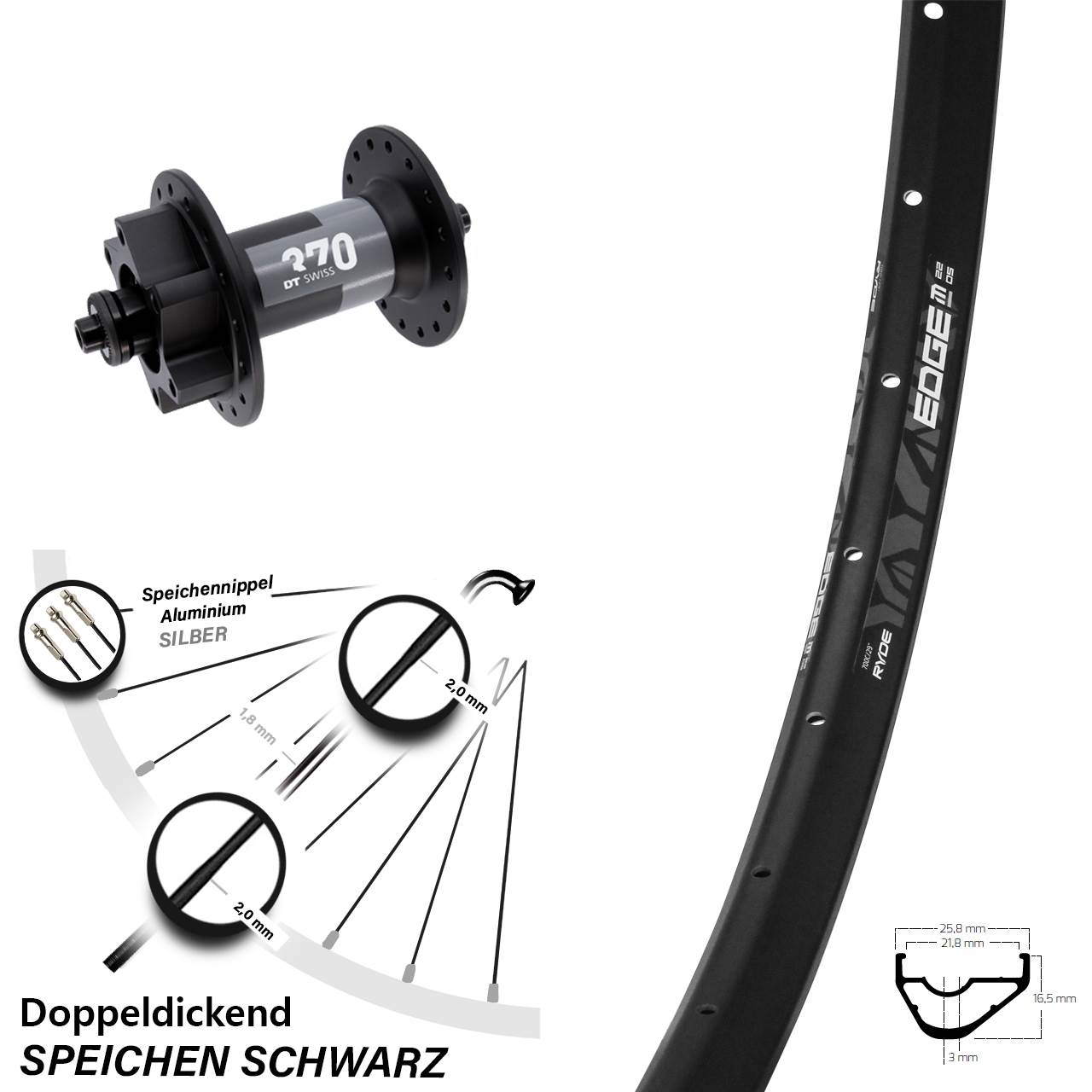 Vorderrad 29 Zoll Ryde Edge M22 DT Swiss 370 6-Loch QR