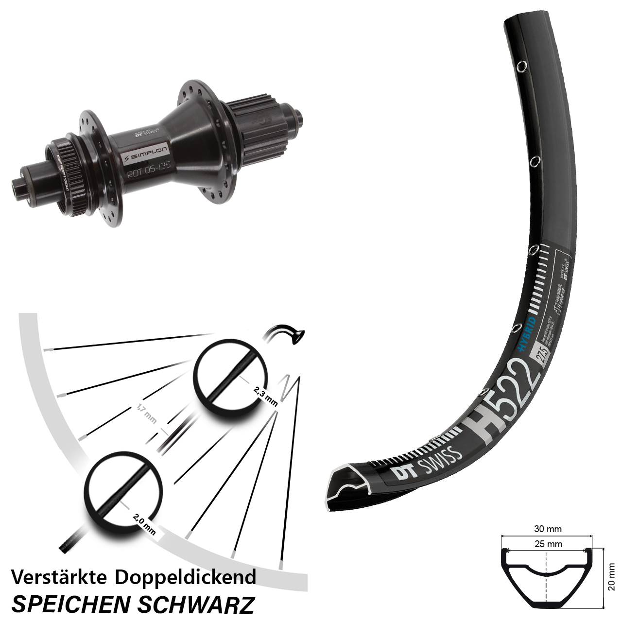 28-29 Zoll DT Swiss H522-370 Hybrid Disc Laufrad für Schnellspanner Shimano Micro Spline
