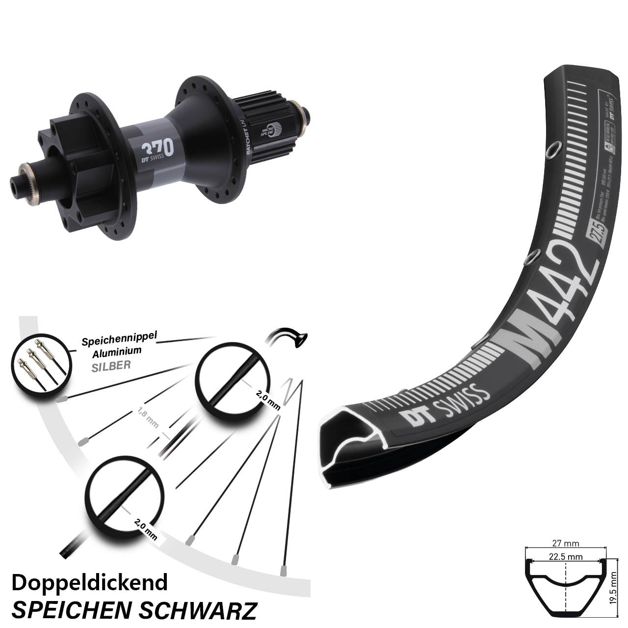 28 Zoll DT Swiss M442 DT Swiss 370 Boost Hinterrad 6-Loch QR Boost Micro Spline