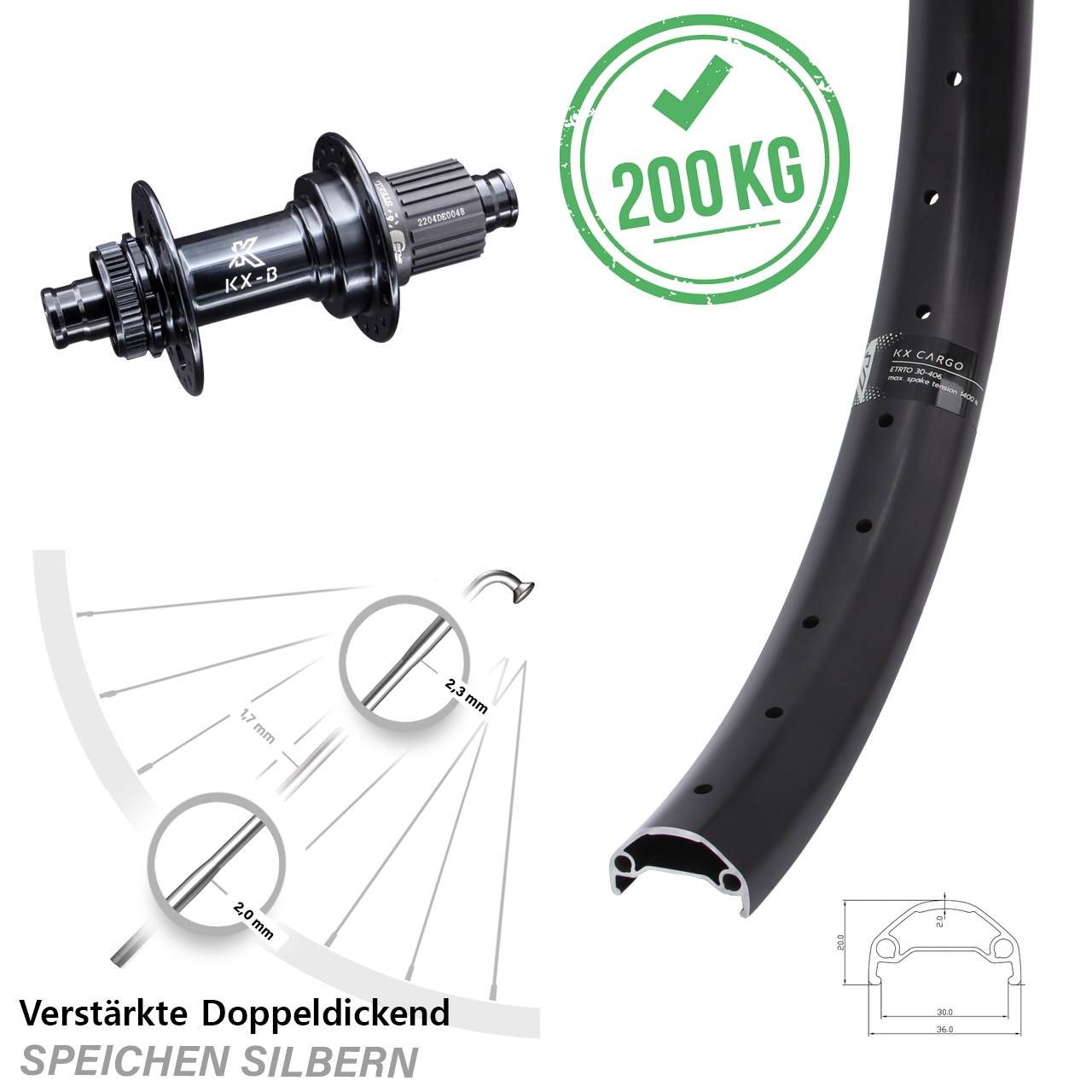 KX-B Cargo Stahlachse 20 Zoll Disc Hinterrad 12x148 Boost Shimano Micro Spline
