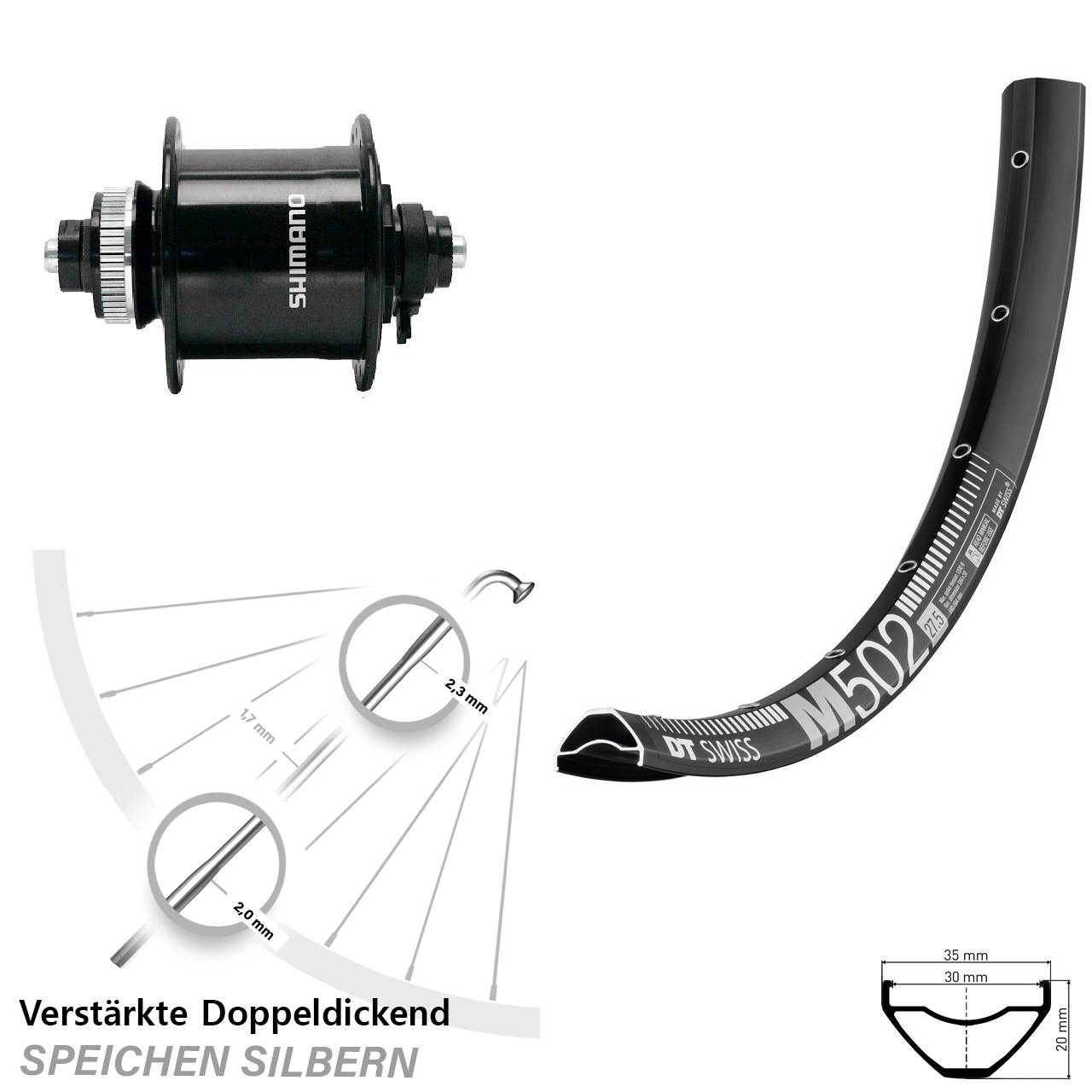 DT Swiss M502 Shimano DH-UR700 29 Zoll Nabendynamovorderrad Centerlock für Schnellspanner