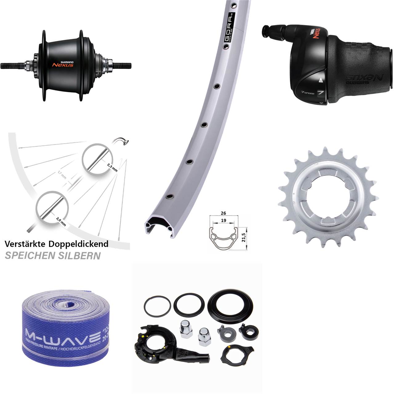 28 Zoll Hinterrad Gora 19 Felgenbremse silbern Shimano 7 Gang Nexus Freilauf