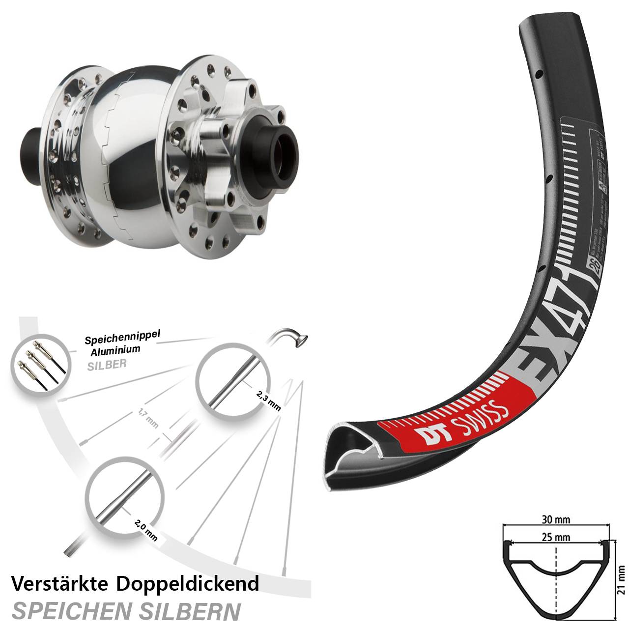 29 Zoll Nabendynamovorderrad 6-Loch DT Swiss EX 471 SON 28 poliert 15x100
