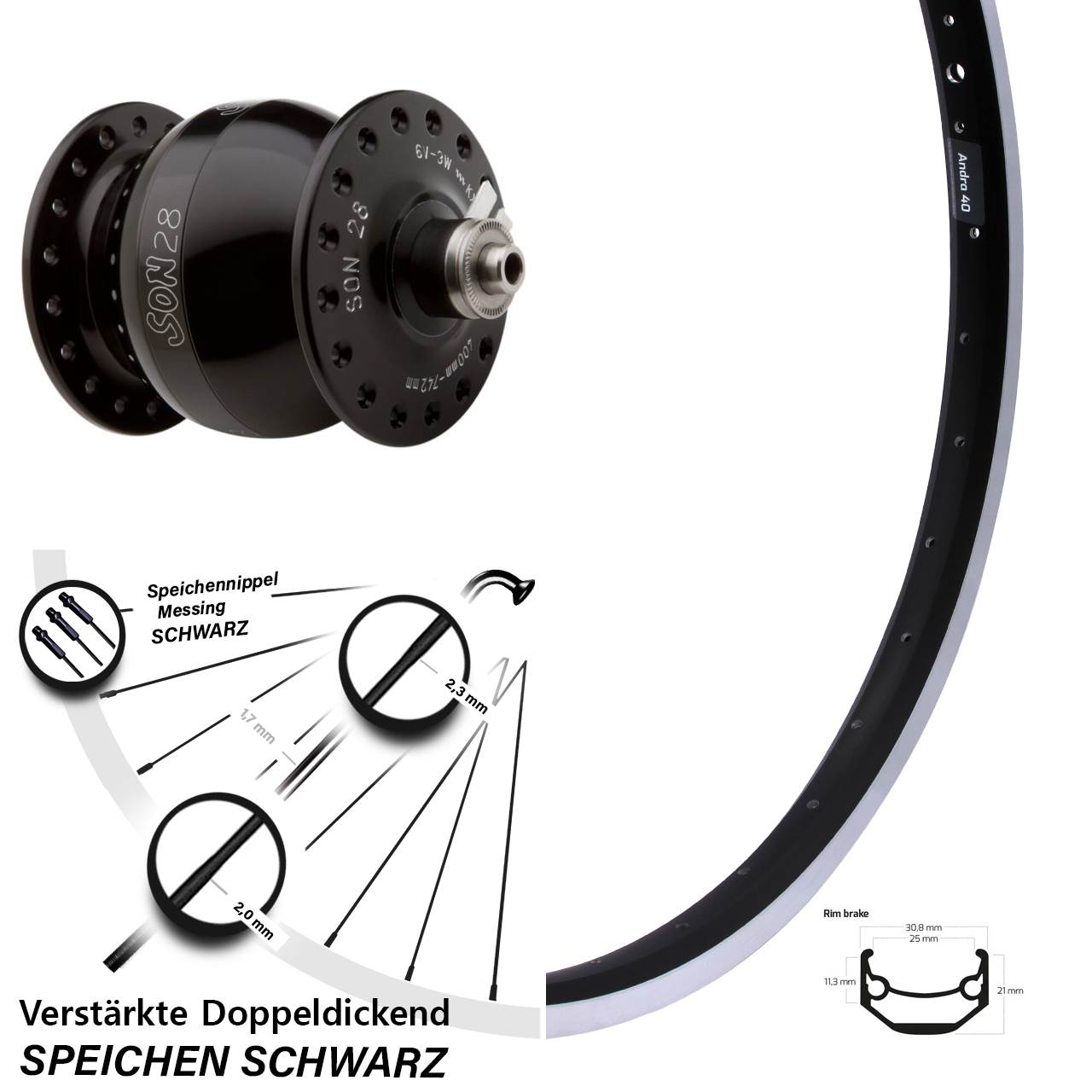 Vorderrad Heavy Duty Nabendynamo Ryde Andra 40 SON 28 Zoll schwarz
