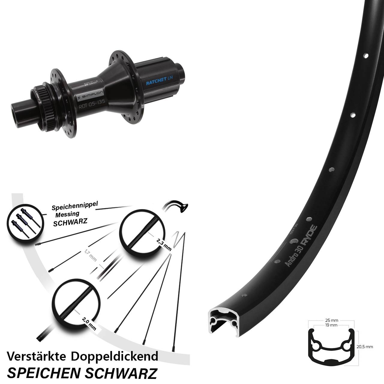 Centerlock Hinterrad 28-29 Zoll Ryde Andra 30 DT Swiss 370 Hybrid 8-11 fach HG 12x142