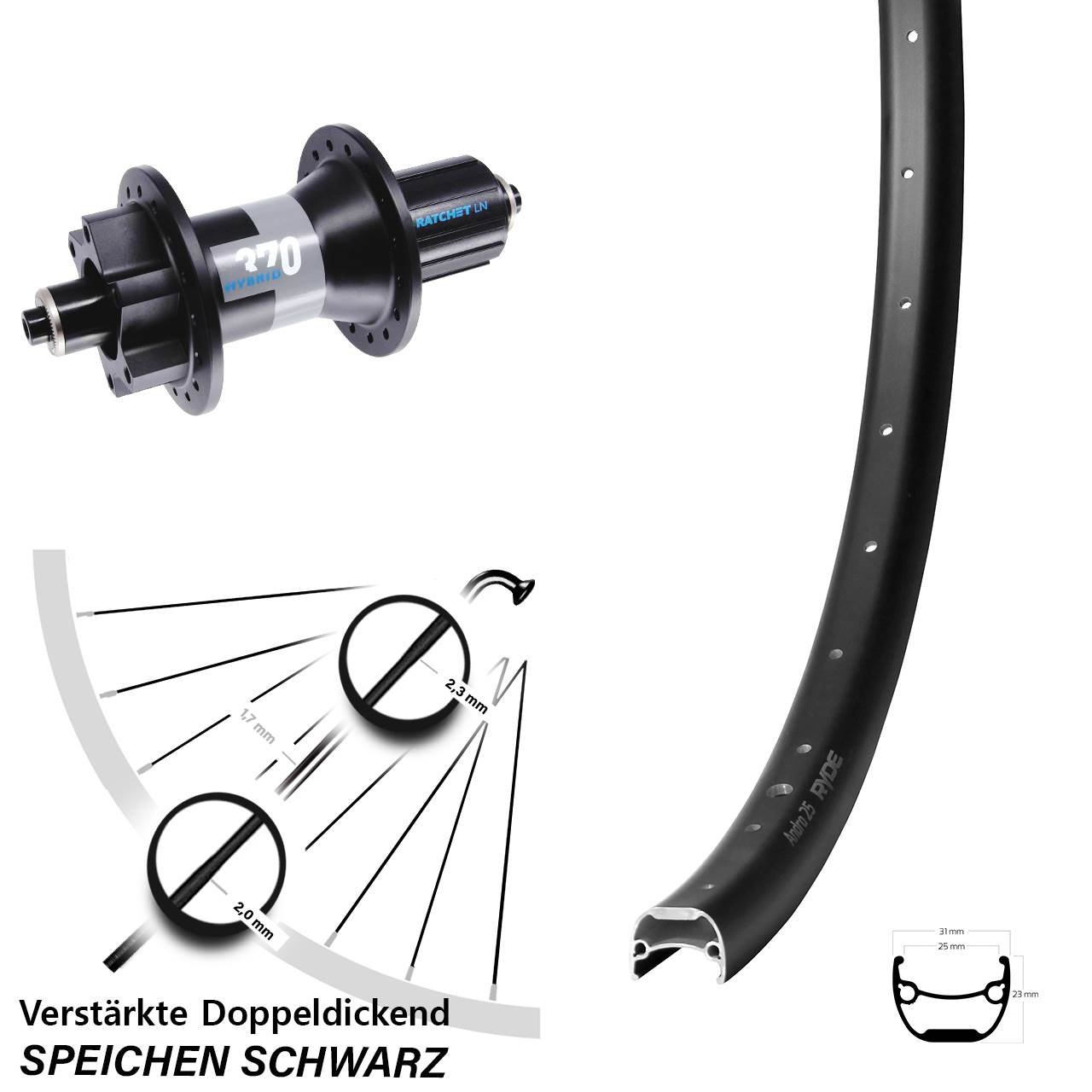 Ryde Andra 25 DT Swiss 370 Hybrid 28-29 Zoll Disc Hinterrad QR Boost 8-11 fach HG