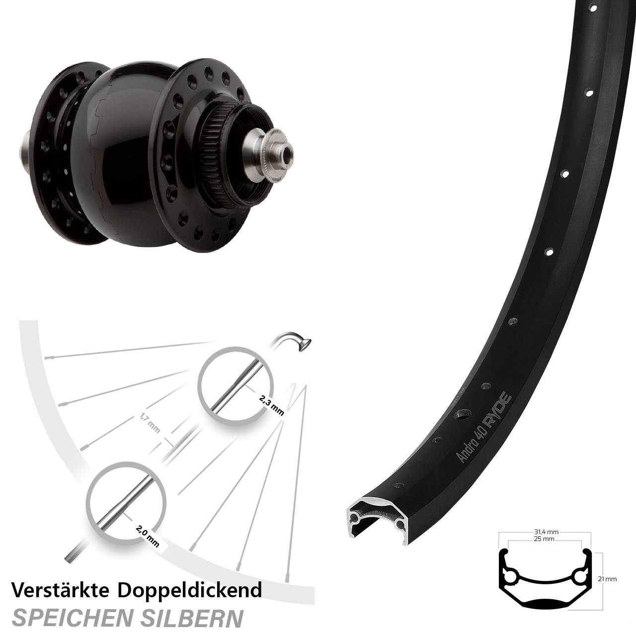 Disc Laufrad mit Nabendynamo QR 20 Zoll Ryde Andra 40 SON 28