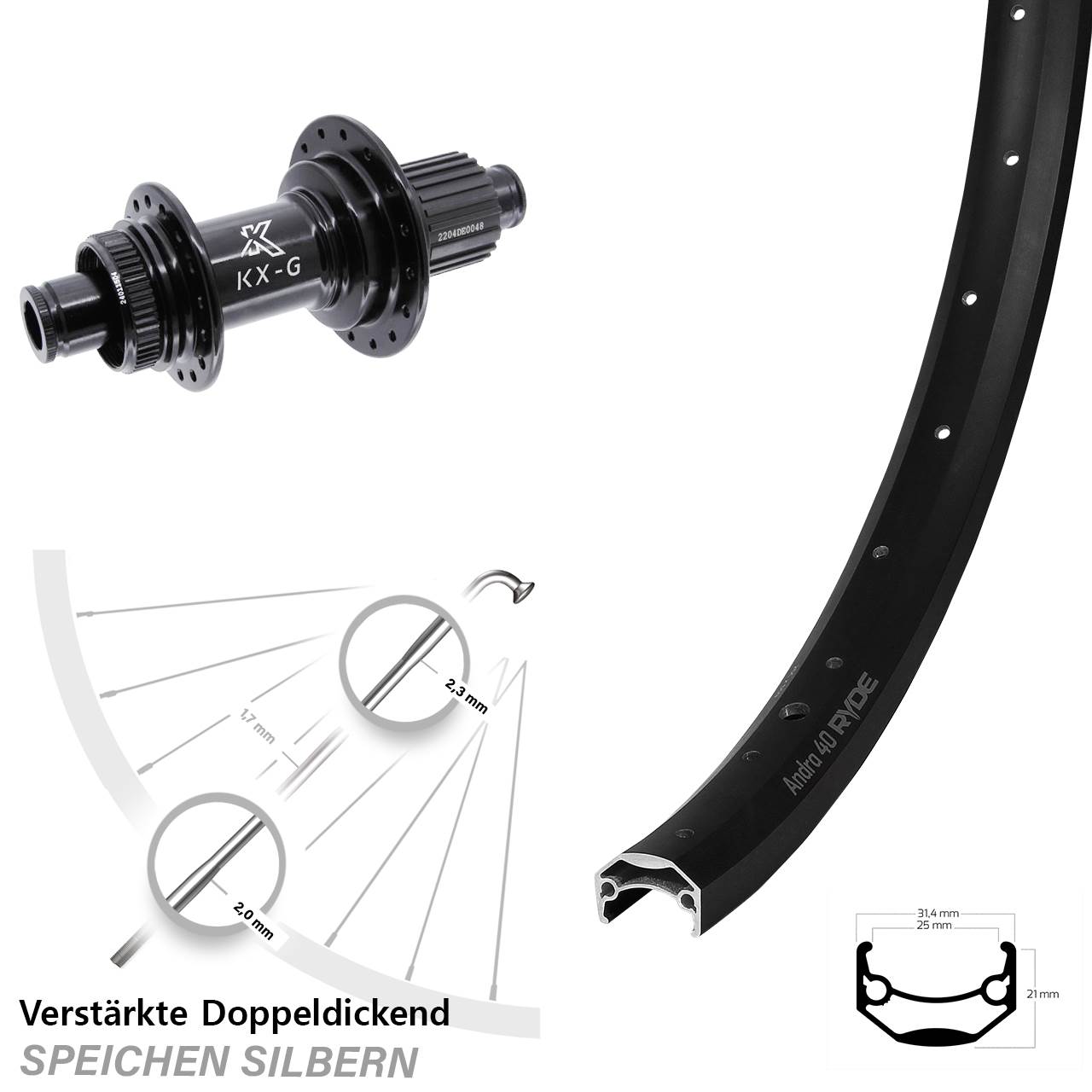 Hinterrad Centerlock 26 Zoll Ryde Andra 40 KX-GS verstärkt Shimano Micro Spline 12x142