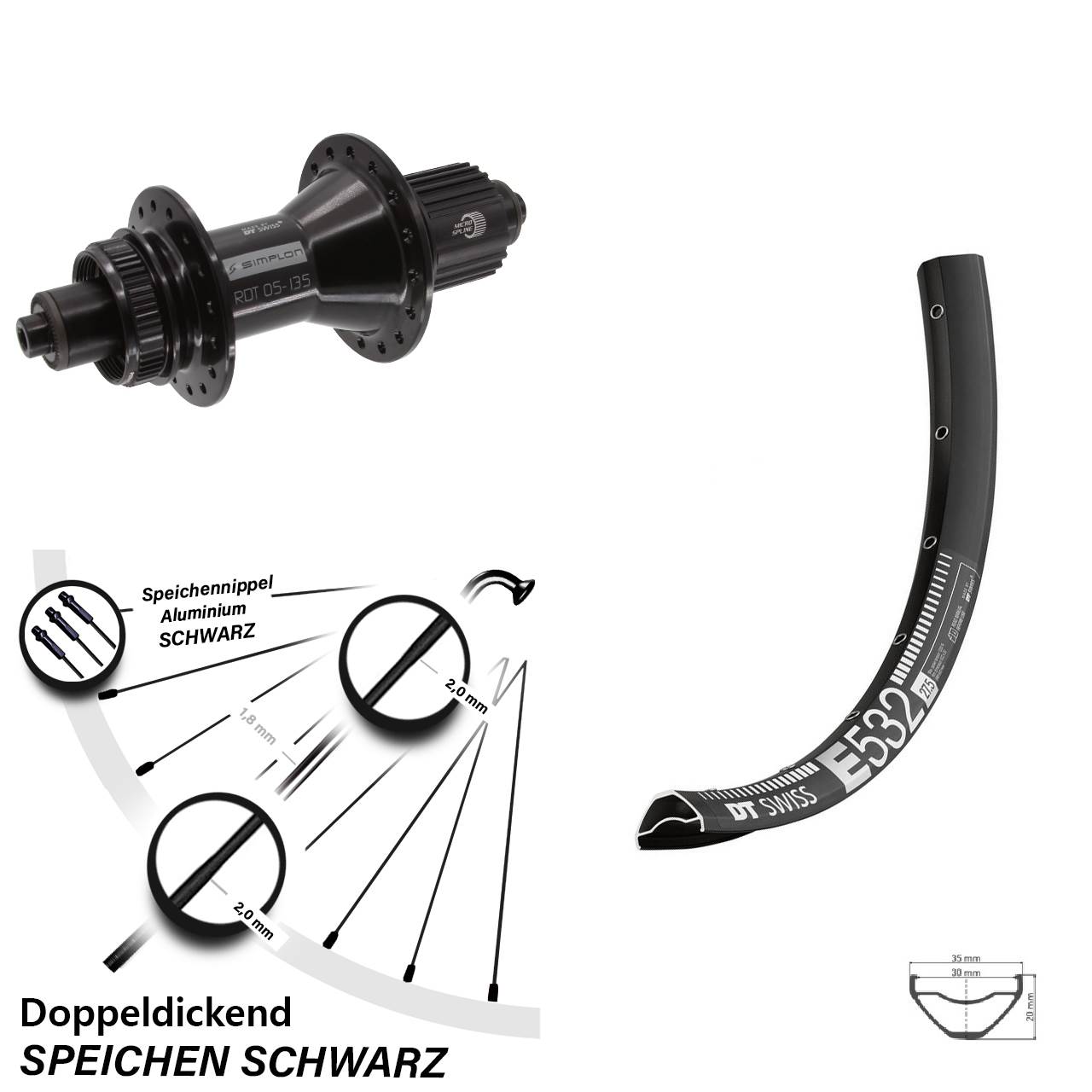 Hinterrad Centerlock für Schnellspanner 29 Zoll DT Swiss E 532-370 Hybrid Shimano Micro Spline