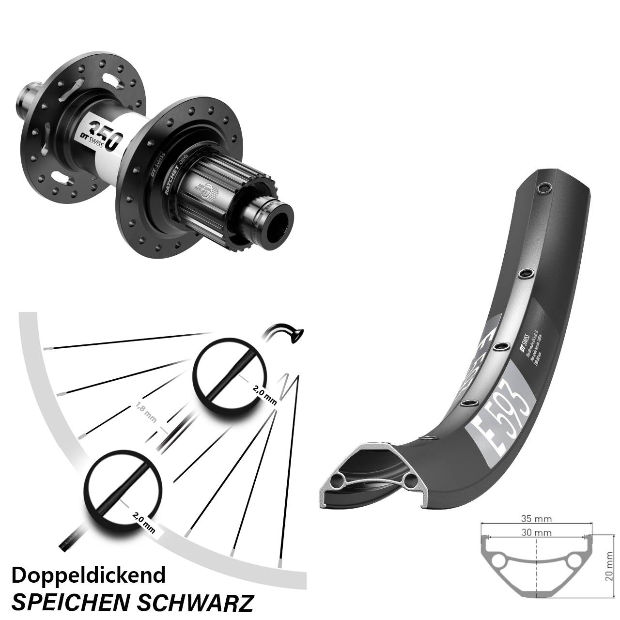 27,5 Zoll DT Swiss E 593-350 DEG 72 Centerlock Hinterrad 12x148 Micro Spline