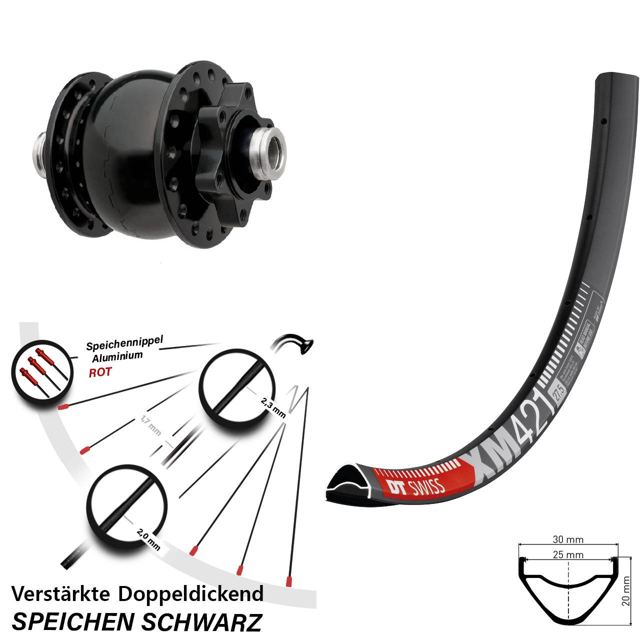6-Loch Dynamo-Vorderrad 27,5 Zoll DT Swiss XM 421 SON 28 12x100