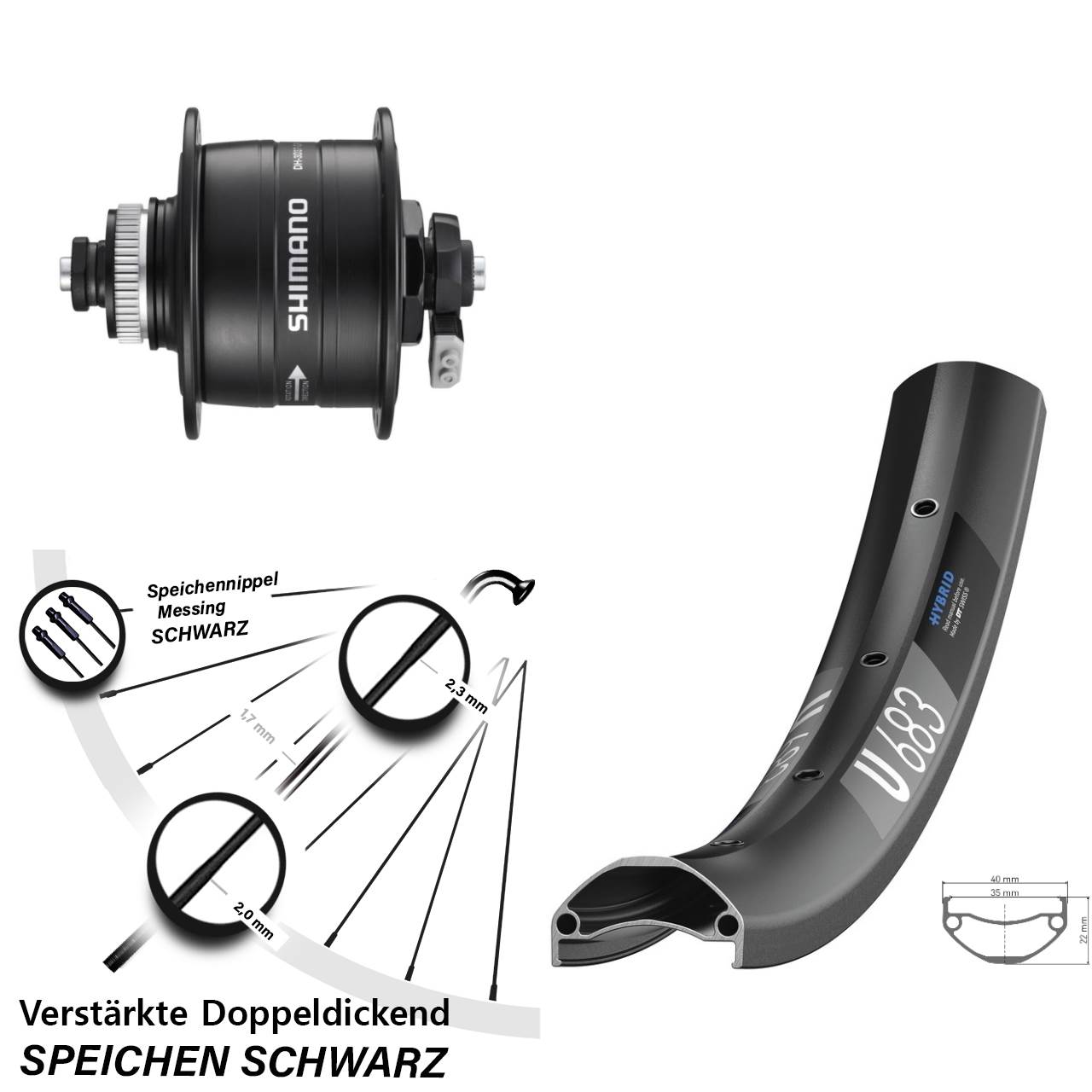 Nabendynamovorderrad Centerlock QR 27,5 Zoll DT Swiss U683 Shimano DH-3D37