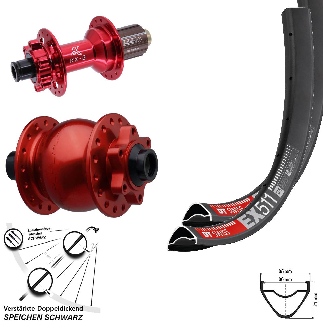 DT Swiss EX511 KX-B rot SON 28 27,5 Zoll Disc Laufrad-Satz 15x110 12x148 8-12 fach HG