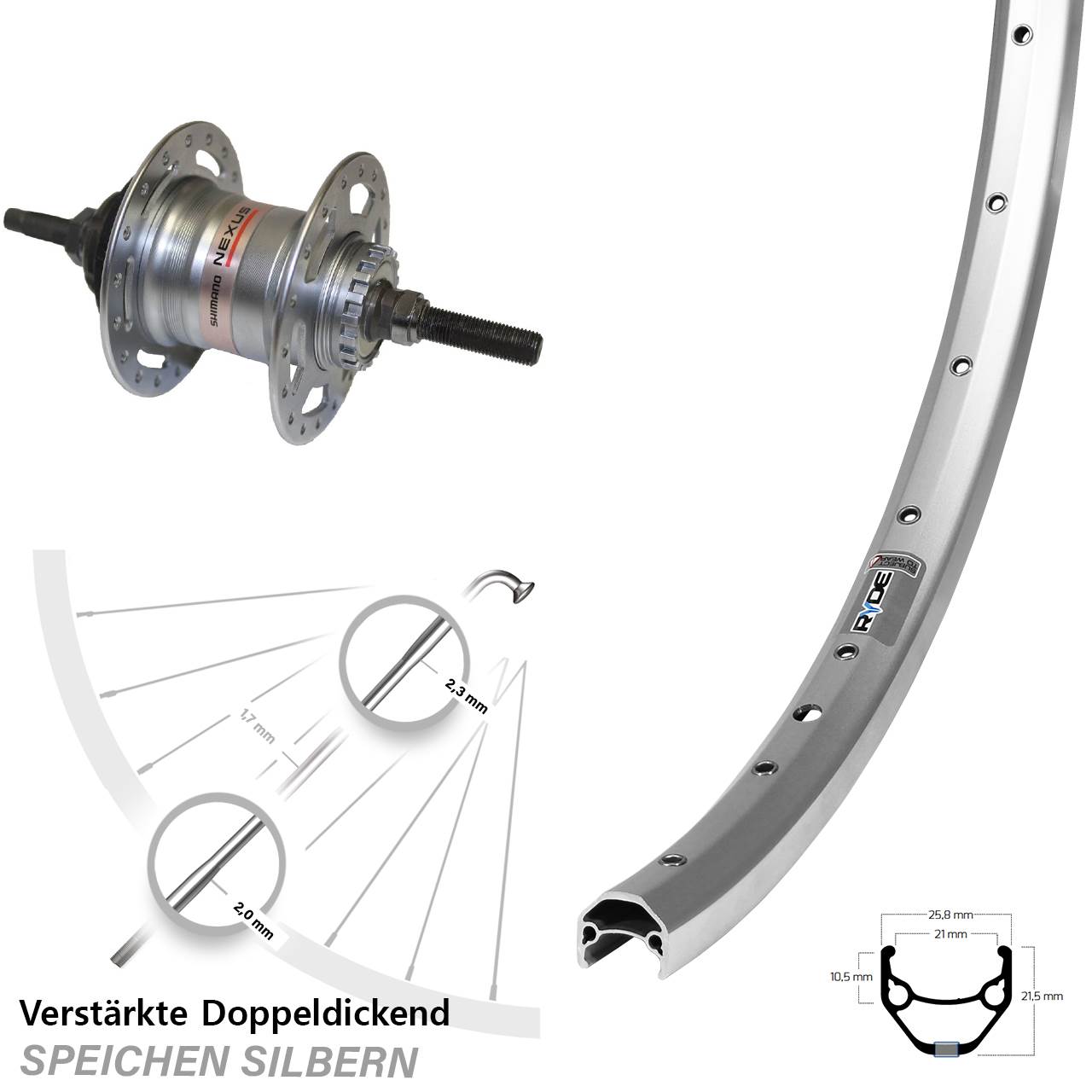 27,5 Zoll Ryde Zac 421 Hinterrad Shimano 3 Gang freilauf silbern
