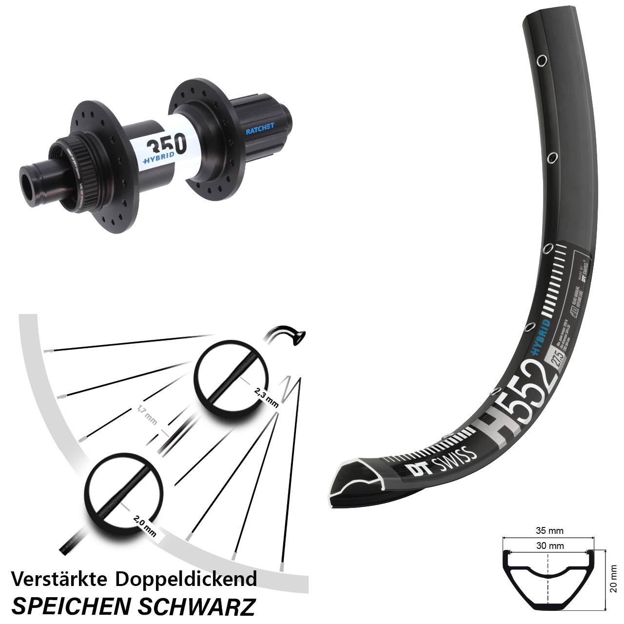27,5 Zoll verstärkt H552 Hybrid 350 Disc Laufrad Boost 8-11 fach HG