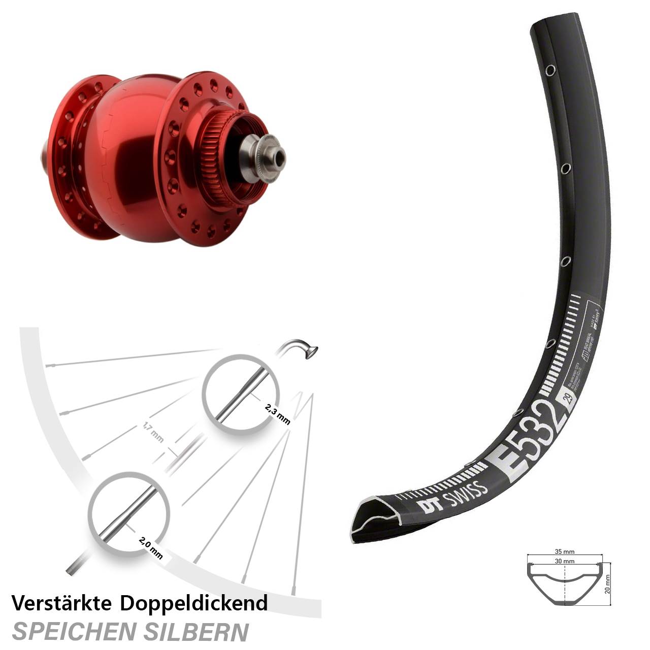 SONdelux rot DT Swiss E532 29 Zoll Centerlock Dynamovorderrad QR