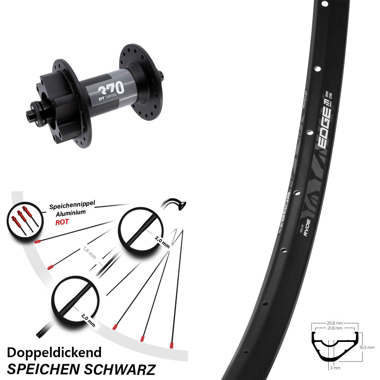 Vorderrad 29 Zoll Ryde Edge M22 DT Swiss 370 6-Loch QR