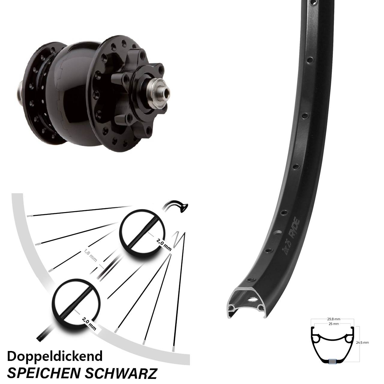 6-Loch Vorderrad mit Nabendynamo für Schnellspanner Ryde ZAC 25 SON 28 Zoll