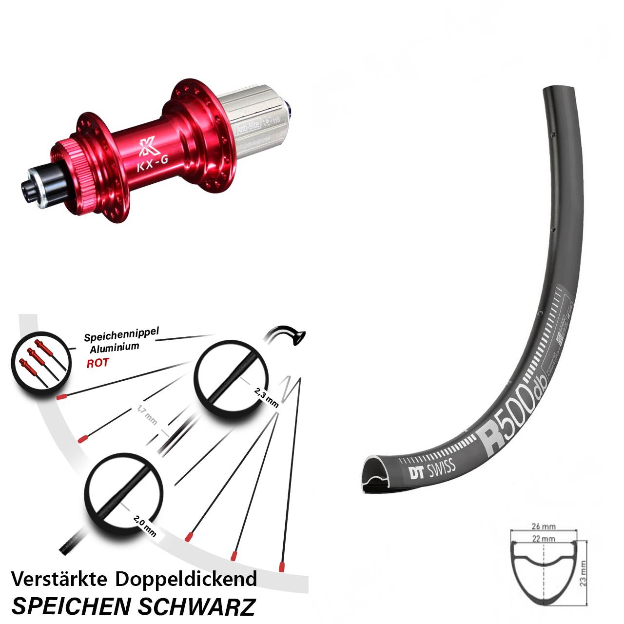 Hinteres Rad DT Swiss R 500 Road Disc Nabe KX-G rot-eloxiert 5x135 mm 8-12 fach Centerlock