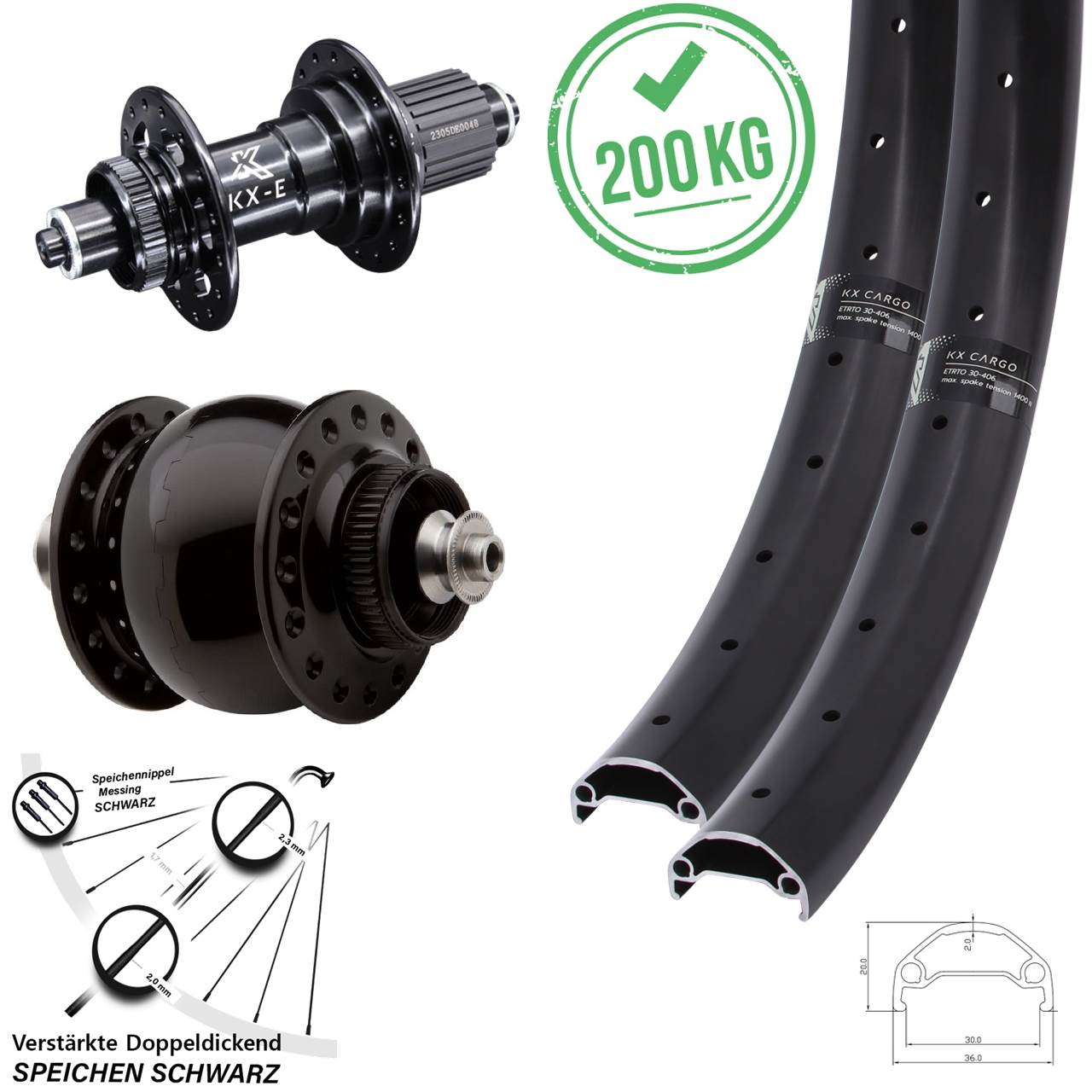 26 Zoll KX-E Cargo SON 28 Disc Laufrad-Satz QR Micro Spline