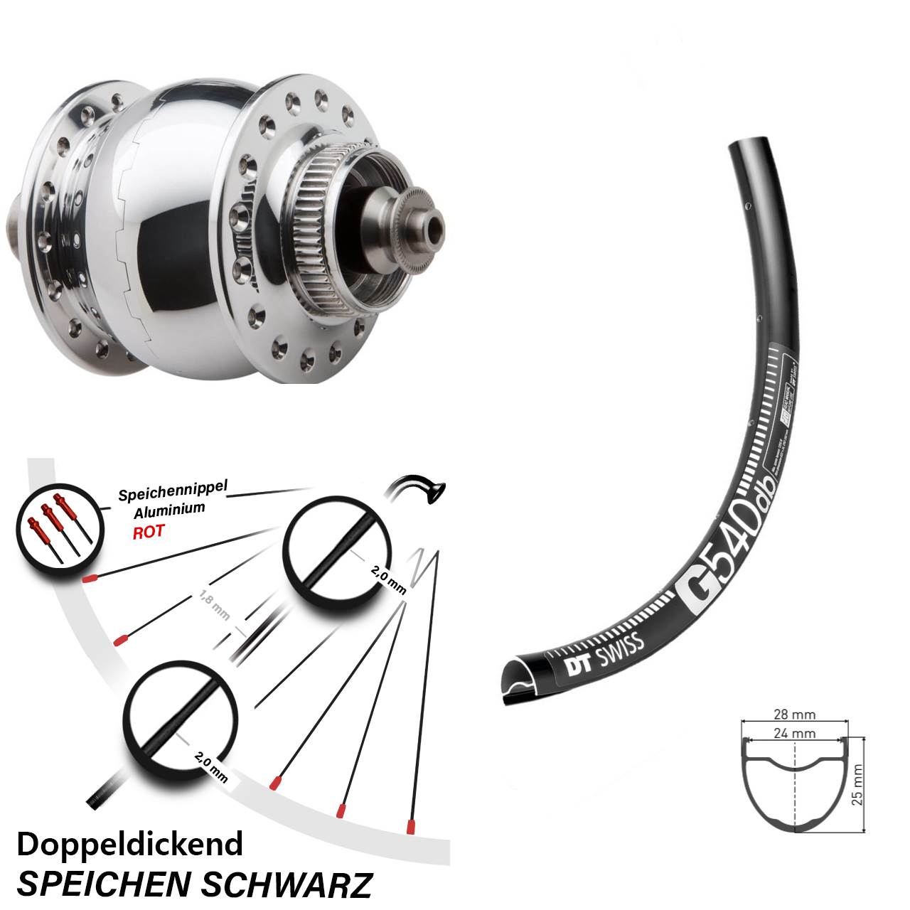 Nabendynamo-Vorderrad Centerlock 650B DT Swiss G540 SON 28 poliert für Schnellspanner